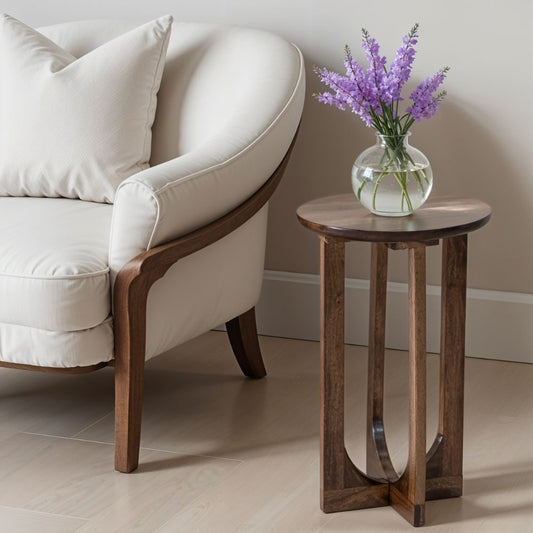Natural Solid Dark Mango Wood Round Inverted Legs Side Table