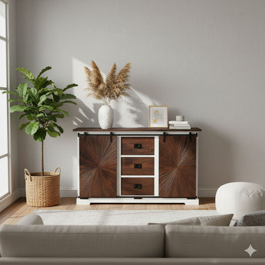 Reclaimed Wood Large Sliding Door Sideboard With 3 Drawer & 2 Sliding Door