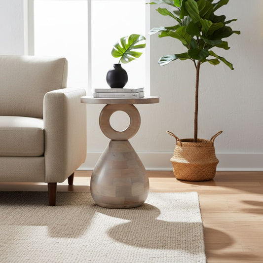 Mango Wood Round Hall End Table-Oak White