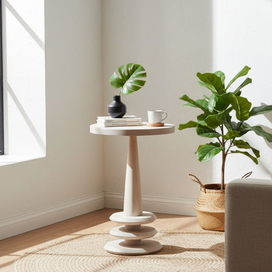 Mango Wood Ring Round End Table-Oak White