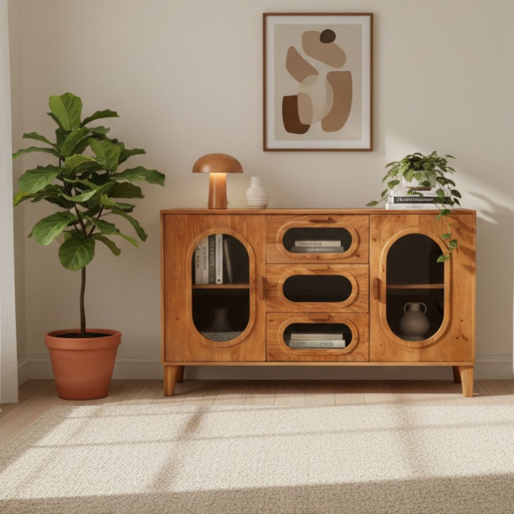 Indian Hub Solid Wood & Glass Large Sideboard