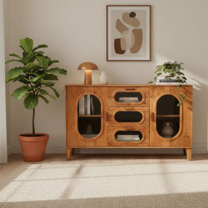 Indian Hub Solid Wood & Glass Large Sideboard