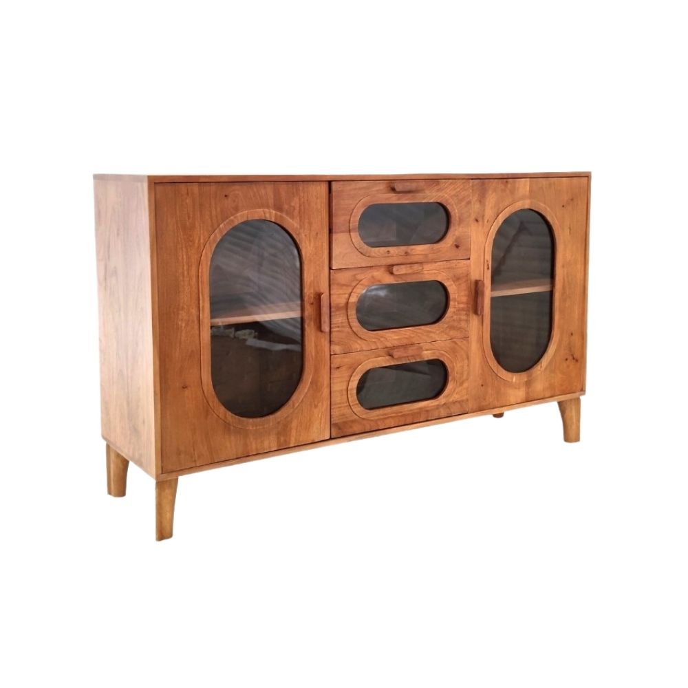 Indian Hub Solid Wood & Glass Large Sideboard