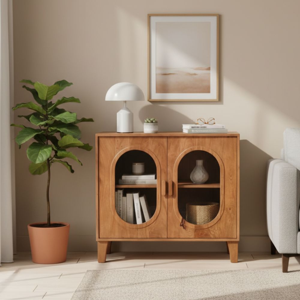 Indian Hub Solid Wood & Glass Small Sideboard