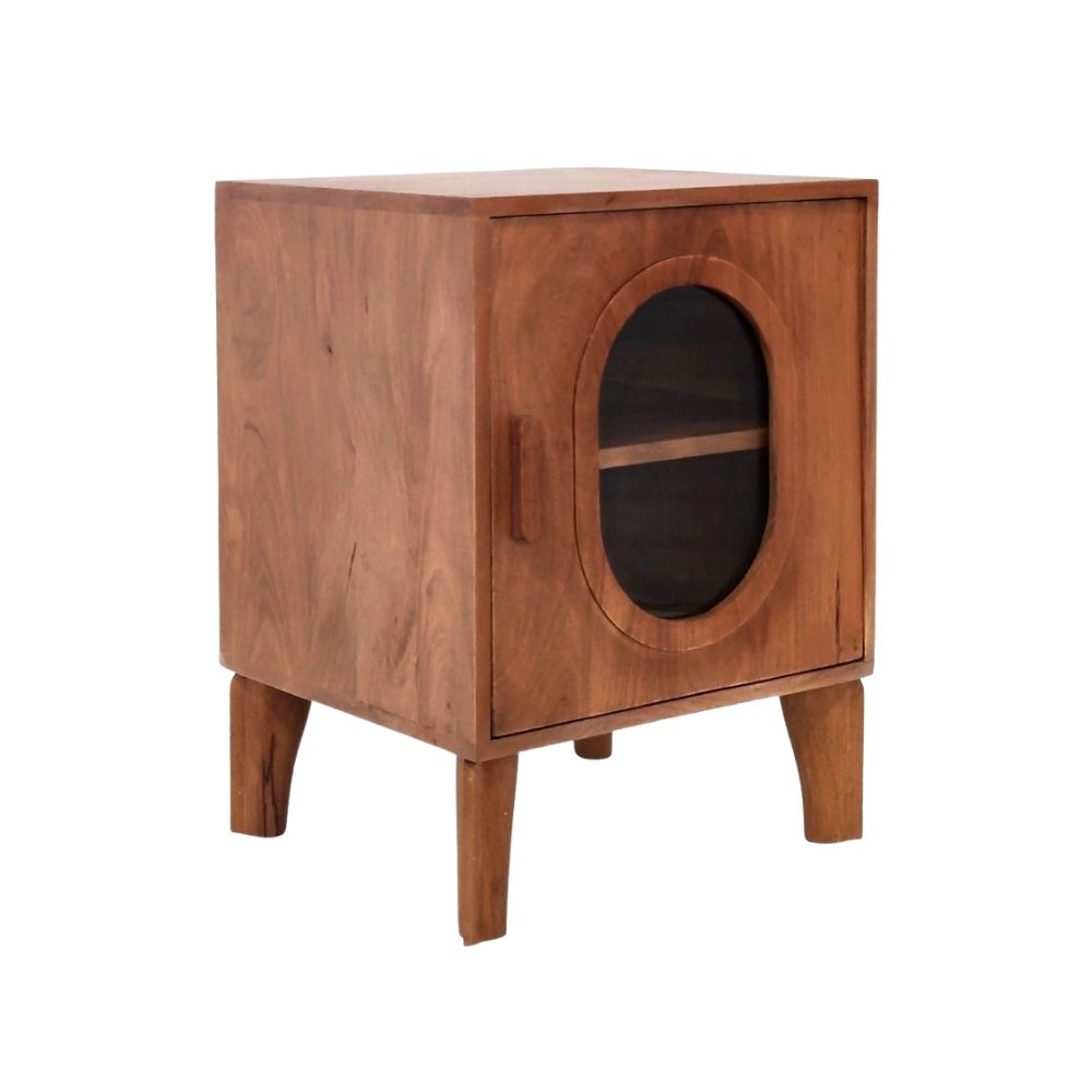 Indian Hub Solid Wood & Glass Bedside Table