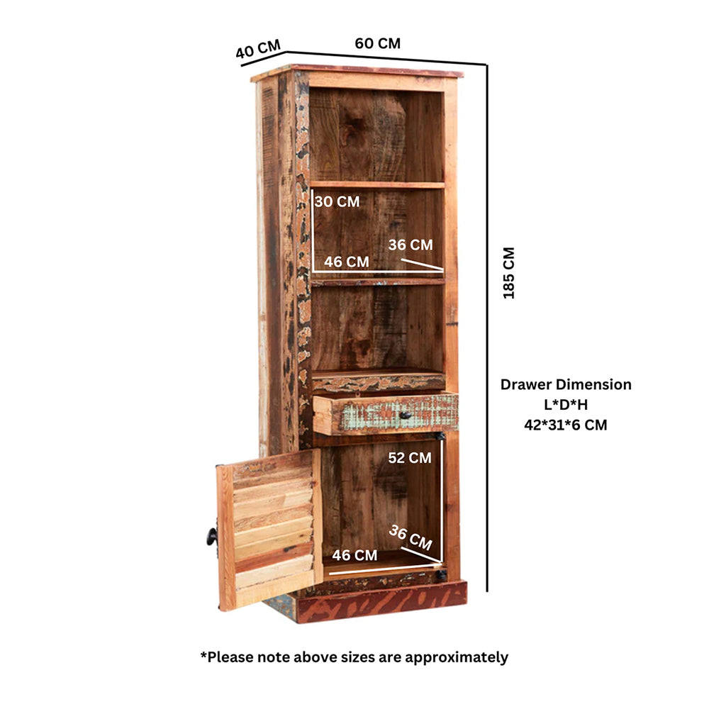 Reclaimed Style Narrow Bookcase 1 Drawer & 1 Door