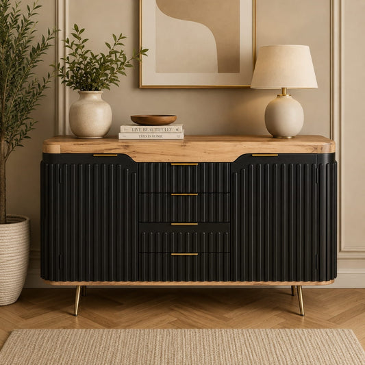 Black fluted 4-door sideboard in living room.