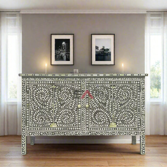 Floral Bone Inlay Dark Grey Sideboard