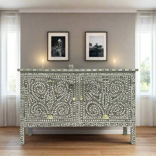 Floral Bone Inlay Dark Grey Sideboard