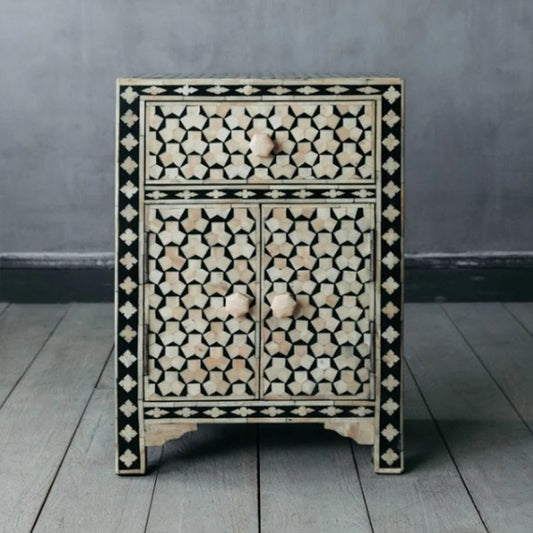 Moonlit Petal Black & White Bedside Table
