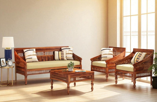 Indian Hub Handcrafted Wooden Sofa Set in 3+1+1 Seating