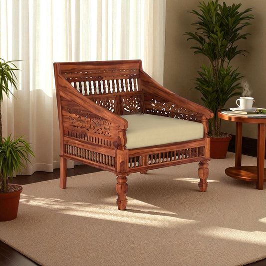 Elegant 1-Seater Solid Wood Sofa – Compact Comfort with Timeless Appeal