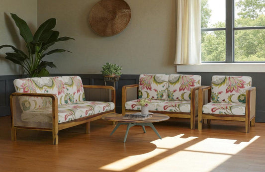 Cane Side Panes Wooden Sofa Set in 3+1+1 Seating