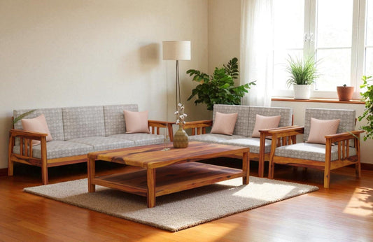 Straight-Arm Wooden Sofa Set in 3+1+1 Seating