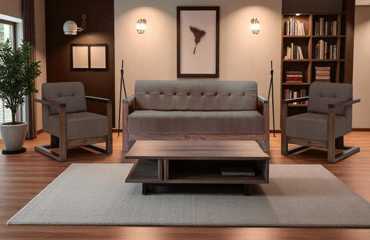 Button-Tufted 3-Seater Couch ooden Sofa Set in 3+1+1 Seating