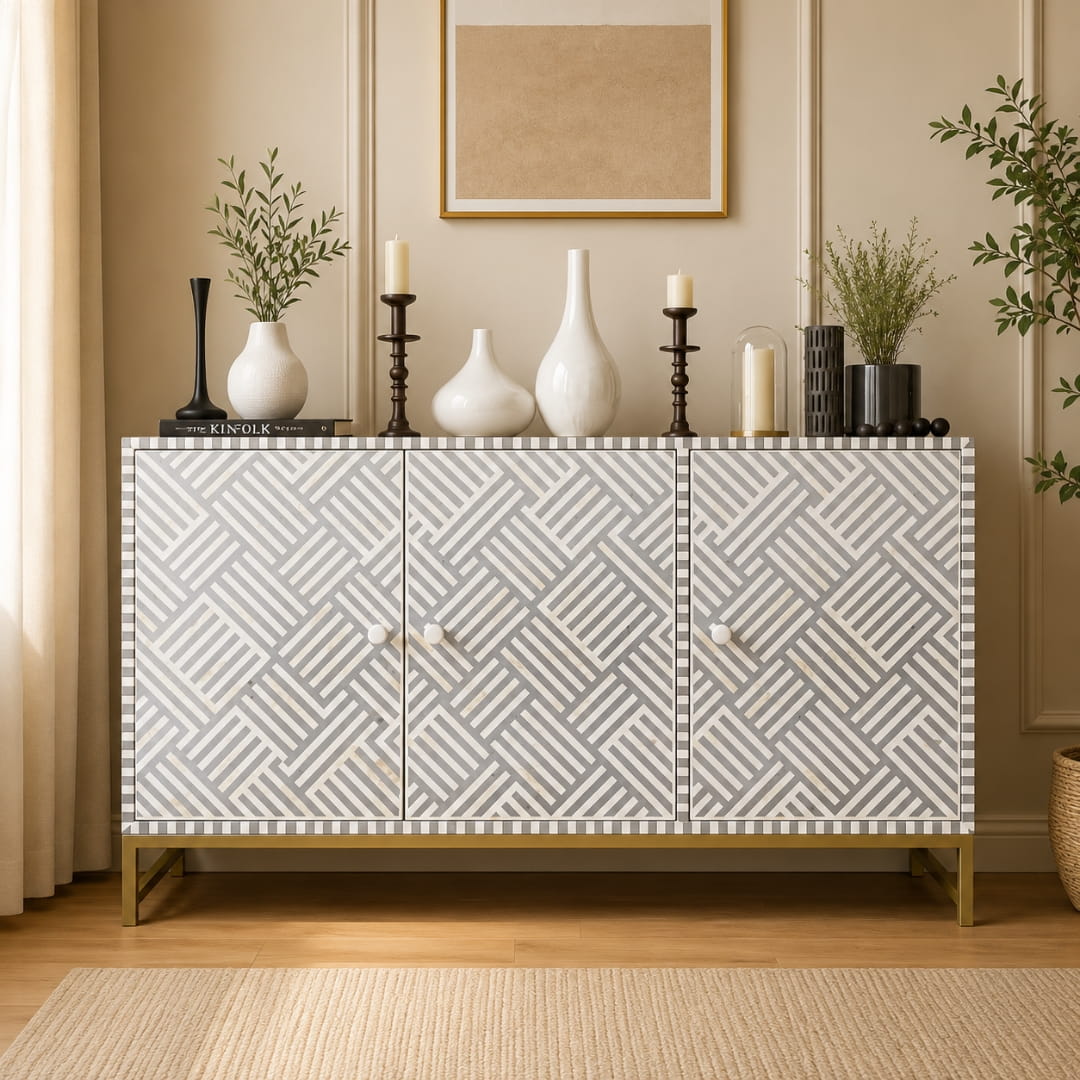 Floral Bone Inlay Light Grey Sideboard in styled living room