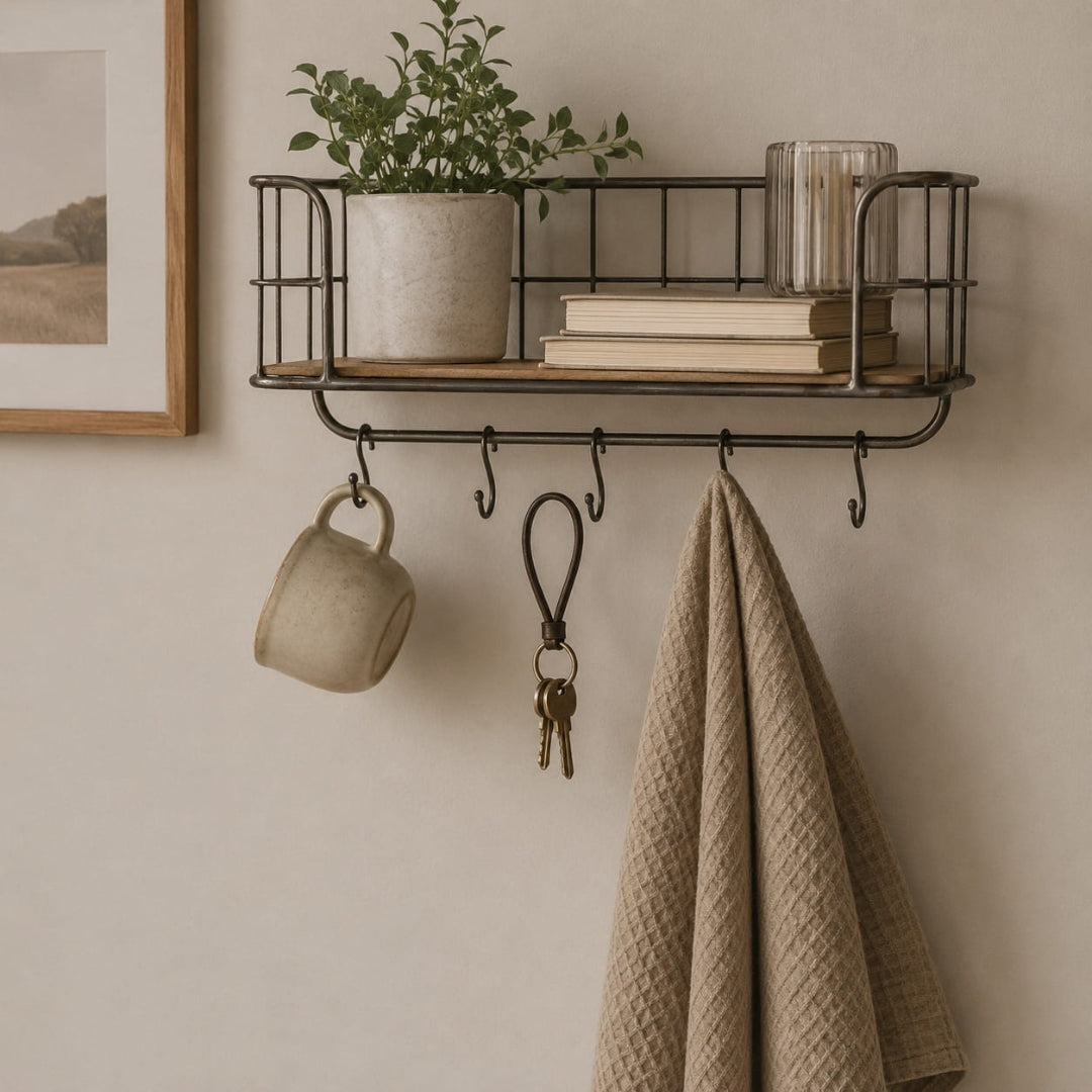 Industrial Wall Shelf with Hooks