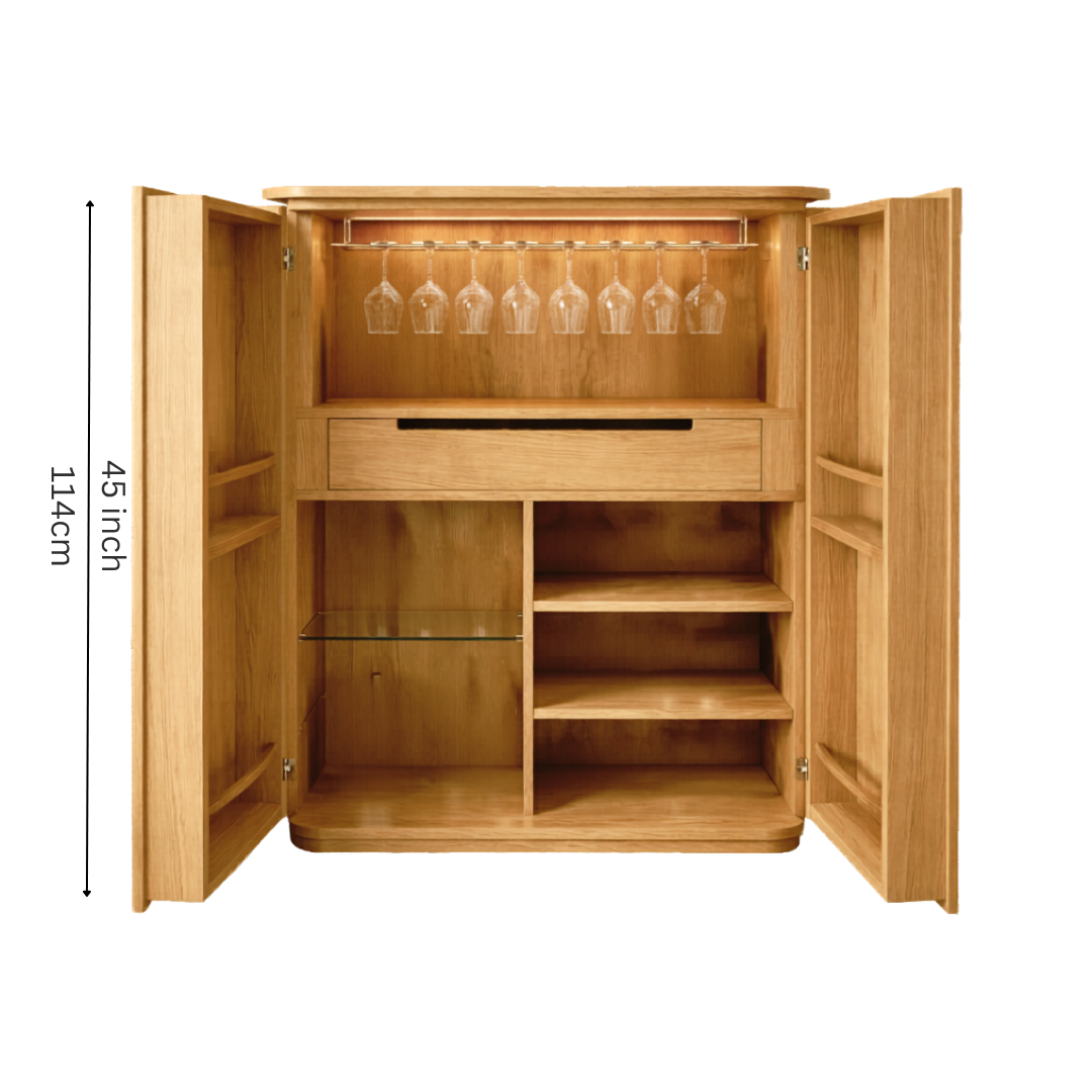 Modern wooden bar cabinet with double doors, bottle storage, wine glass holder, shelves, and home bar storage design.