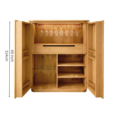 Modern wooden bar cabinet with double doors, bottle storage, wine glass holder, shelves, and home bar storage design.