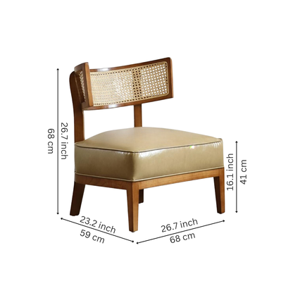 Natural Rattan Low Back Leather Beige Lounge Accent Chair