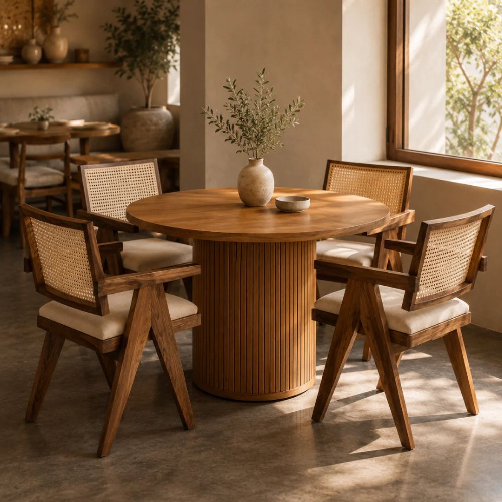 Round Walnut Wood Fluted Pedestal Dining Table With 4 Seater Chair