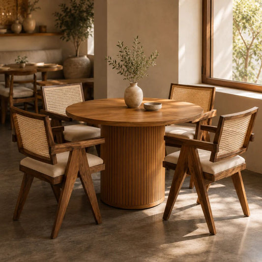 Round Walnut Wood Fluted Pedestal Dining Table