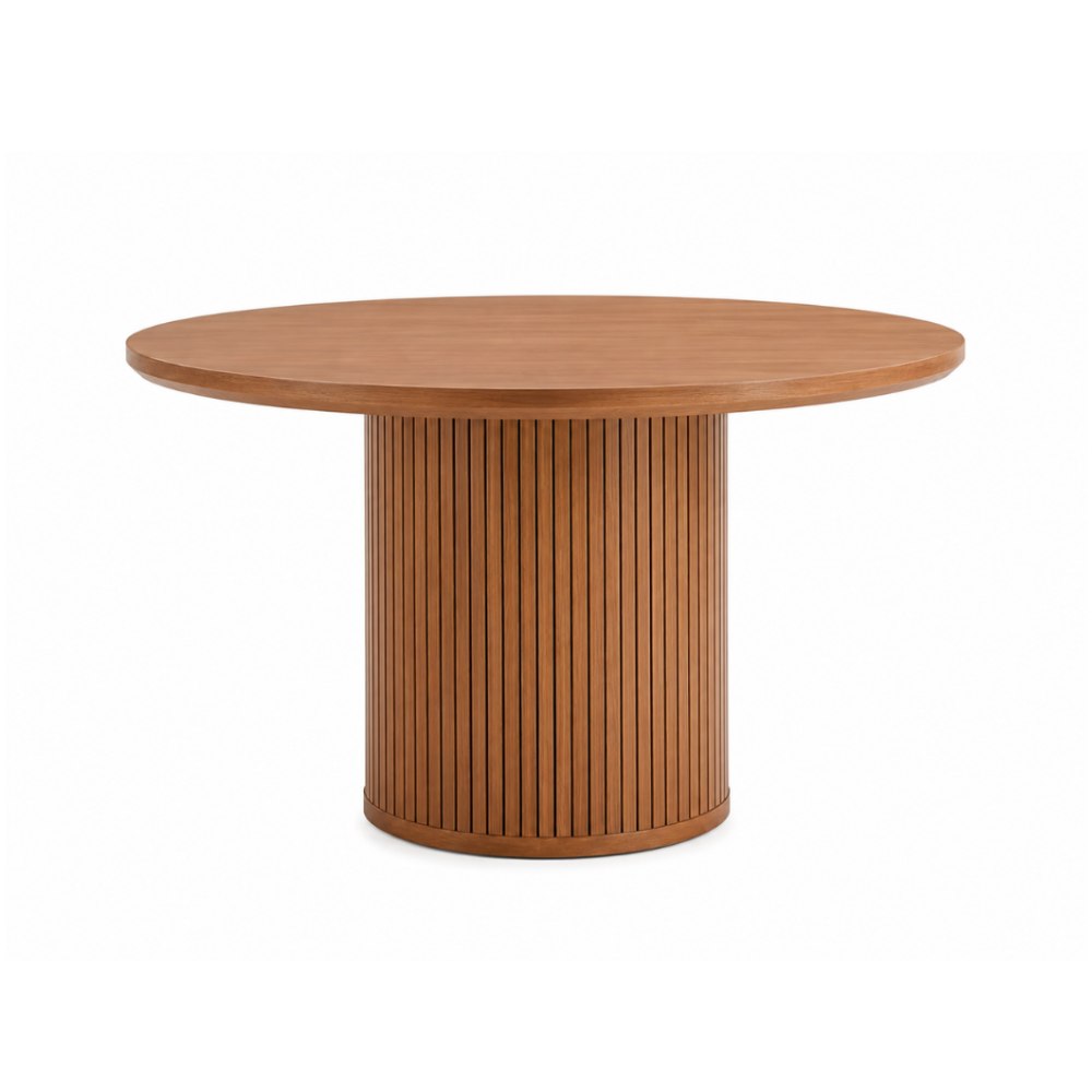 Round Walnut Wood Fluted Pedestal Dining Table With 4 Seater Chair