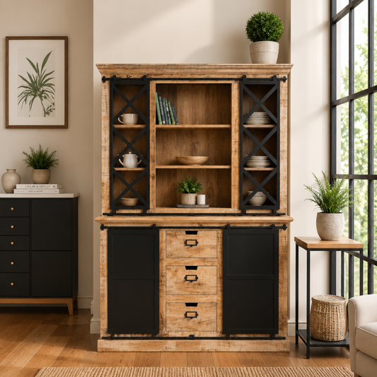Industrial Crockery Cabinet with 3 Drawers & Sliding Doors