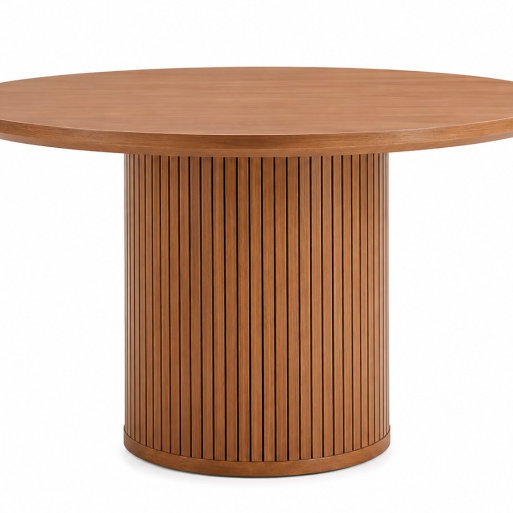 Round Walnut Wood Fluted Pedestal Dining Table With 4 Seater Chair
