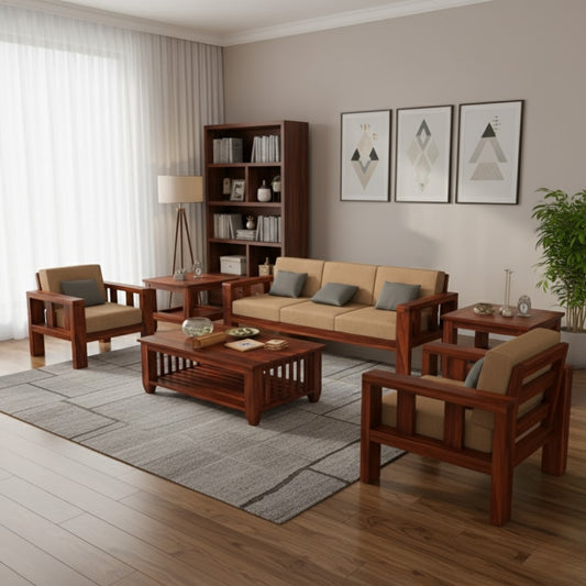 Heritage-Inspired Wooden Sofa Set in 3+1+1 Seating
