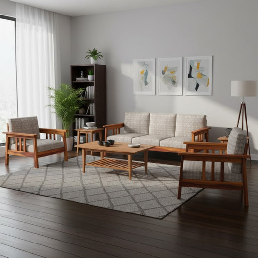 Straight-Arm Wooden Sofa Set in 3+2+1 Seating