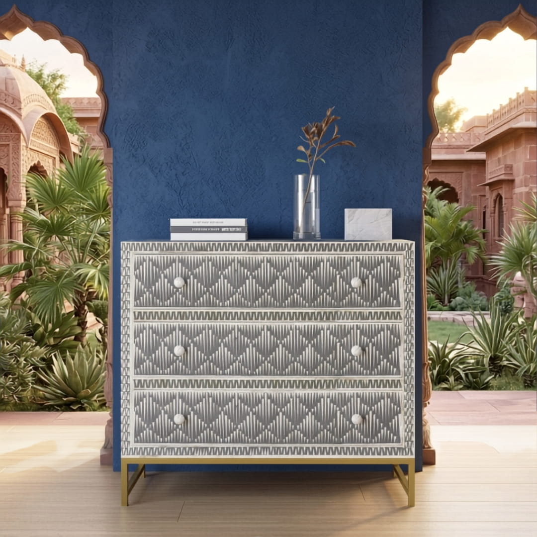Antique mosaic grey sideboard in styled setting