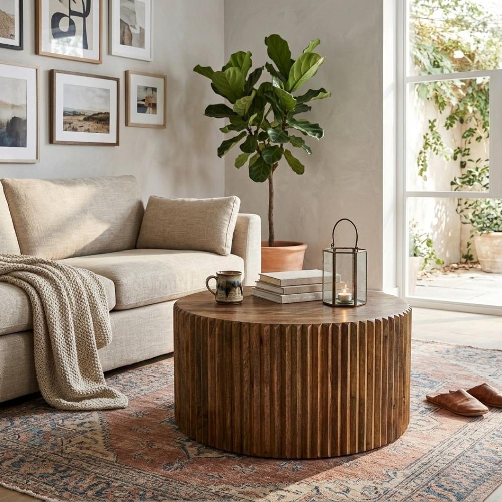 Fluted Wooden Drum Coffee Table