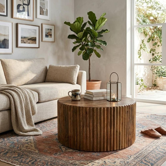 Fluted Wooden Drum Coffee Table
